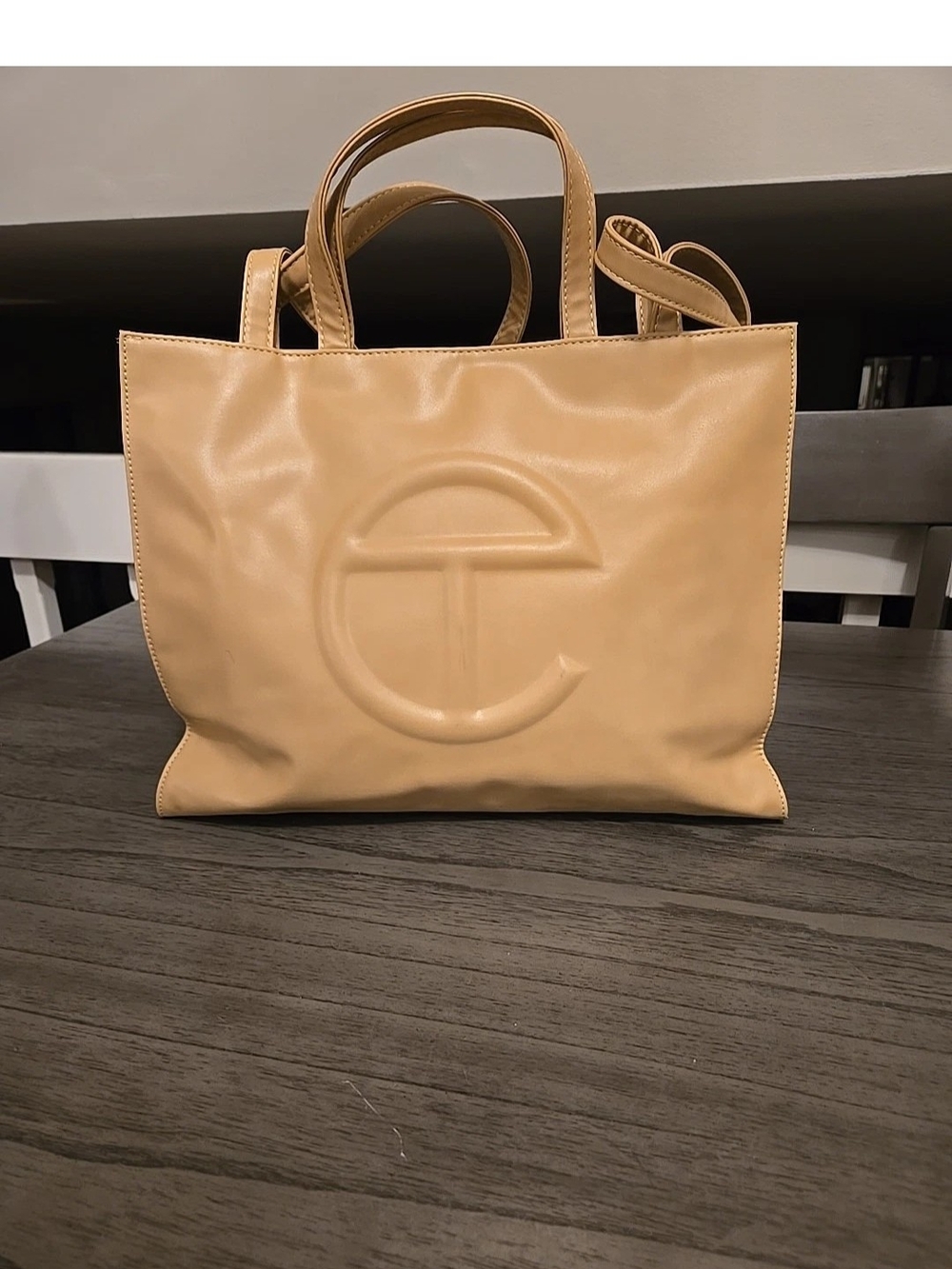Telfar Beige Leather Tote with Embossed Logo